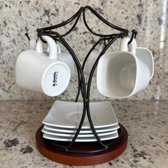 B. Smith with Style Other - B. Smith Espresso Demitasse Set White Ceramic Square Cups Saucers Metal Rack